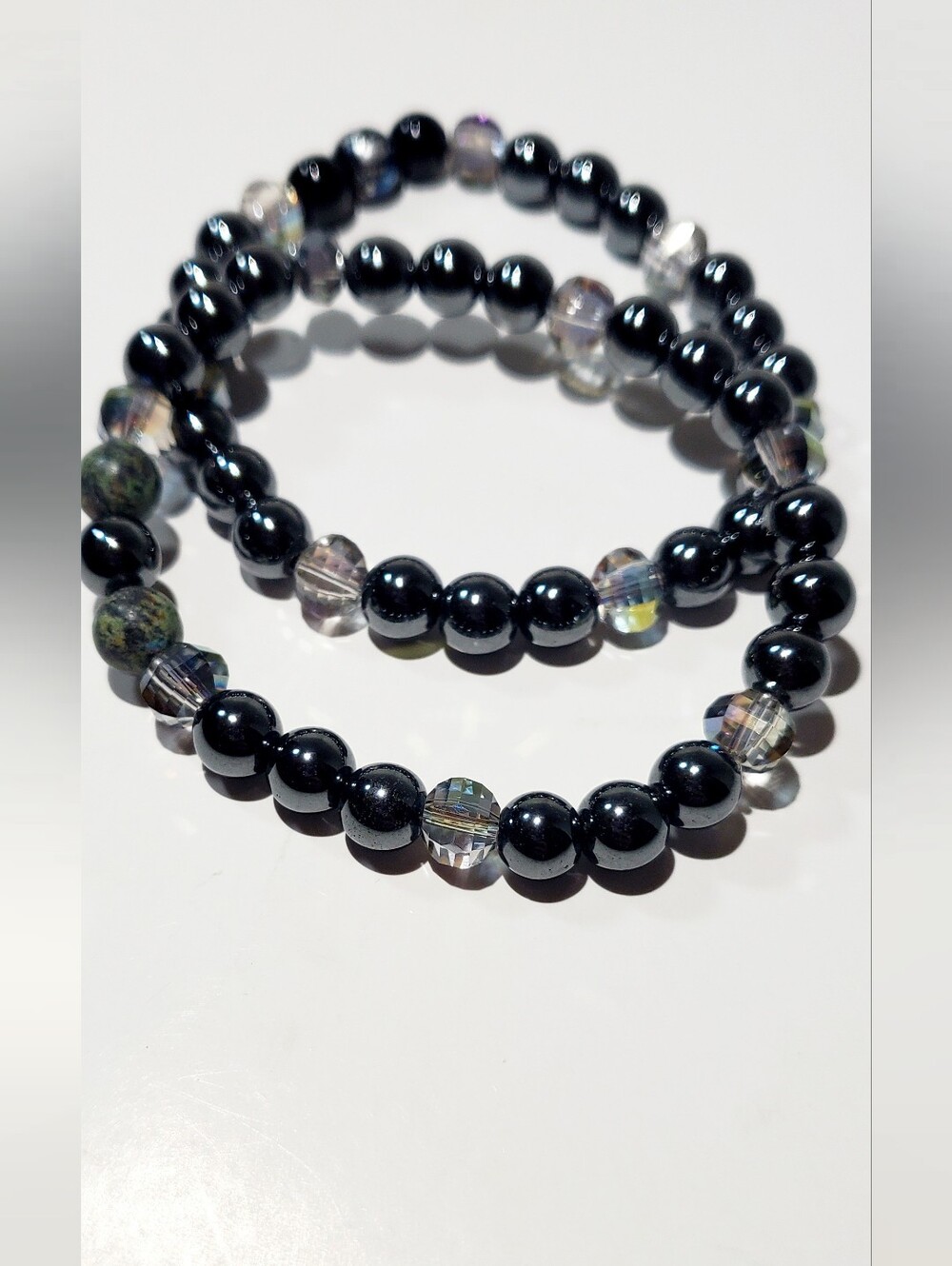 Black Beaded Stretch Bracelet with Smokey Crystal Accents